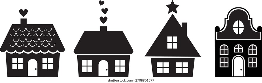 Conjunto de 4 ícones decorativos preto e branco da casa: Estilo europeu, gráfico do vetor da casa da aldeia