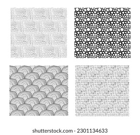 Conjunto de 4 patrones de fideos blancos y negros sin fisuras. Diseño primitivo simple con círculos, rayas, ondas.Ilustración vectorial.