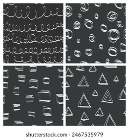 Conjunto de 4 patrones sin fisuras de garabato blanco y negro. Ilustración vectorial
