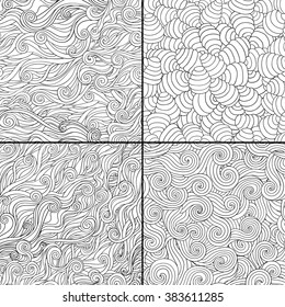 Set of 4 black and white doodle seamless patterns. Vector illustration swirl motif