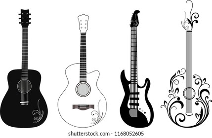 Set of 4 Black and White Guitar Shapes Outline and Filled Line Art Object