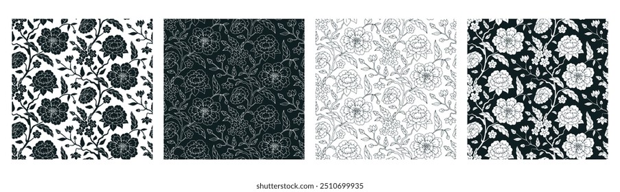 Conjunto de 4 patrones florales indios en blanco y negro con flores y hojas abstractas. Fondo botánico monocromo étnico.