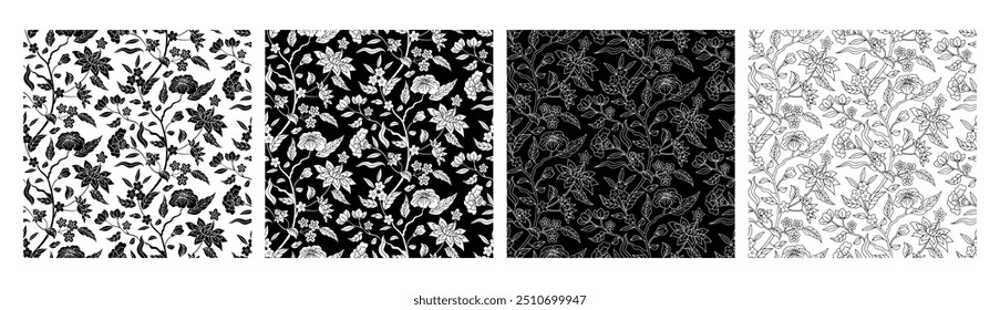 Set aus 4 schwarz-weißen indischen Blumenmustern mit abstrakten Blüten und Blättern. Ethnischer einfarbiger botanischer Hintergrund.