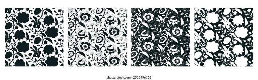 Conjunto de 4 patrones florales indios en blanco y negro con flores y hojas abstractas. Fondo botánico monocromo étnico.