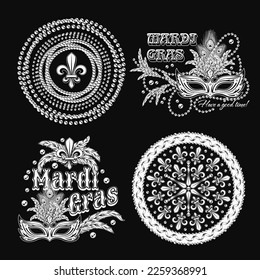 Set of 4 black and white labels with text for carnival Mardi Gras decoration in vintage style on black background. For prints, clothing, t shirt, holiday goods, stuff, surface design.