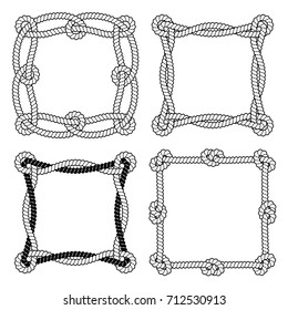 Set of 4 black and white rope vector square frames with knots and loops
