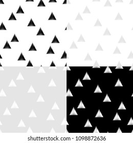 Set of 4 black and white Seamless abstract geometric pattern. The texture of the triangles. Embroidery on fabric. Brushwork. Hand hatching. Scribble texture. Textile rapport.