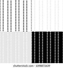 Set of 4 black and white Seamless abstract geometric pattern. The texture of the triangles. Embroidery on fabric. Brushwork. Hand hatching. Scribble texture. Textile rapport.