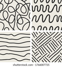 Conjunto de 4 texturas dibujadas a mano en blanco y negro. Ilustraciones del doodle vectorial para su diseño.