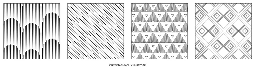 Set of 4 black and white seamless pattern geometric shapes in square frame design. Vector illustration.