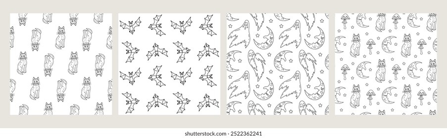 Set of 4 black and white Seamless patterns with cute hand drawn Halloween motifs. Line art monochrome spooky repeat background.