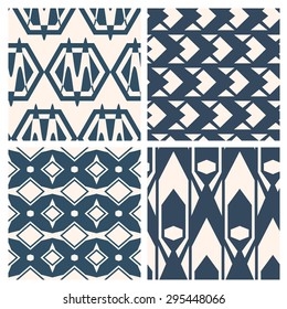 Set of 4 black and white seamless backgrounds with a geometrical ornament.  Vector illustration  