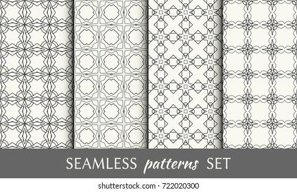 Set of 4 black and white seamless line patterns. Endless linear trendy graphic texture for wallpaper, packaging, pattern fill, invitation, card, banner, flyer, fabric . Geometric seamless backgrounds