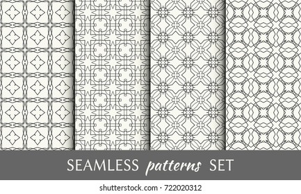 Set of 4 black and white seamless line patterns. Endless linear trendy graphic texture for wallpaper, packaging, pattern fill, invitation, card, banner, flyer, fabric . Geometric seamless backgrounds