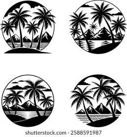 set of 4 black and white sunset background silhouette vector