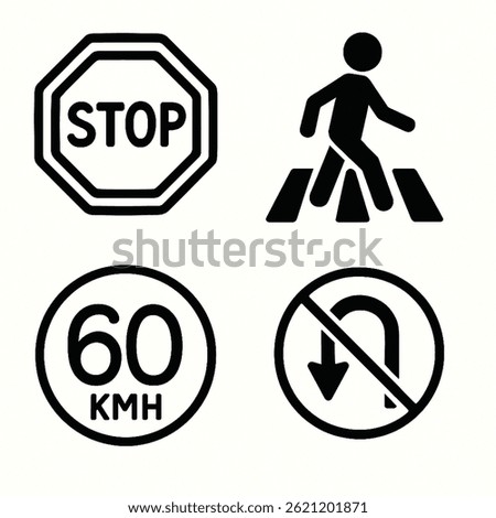 A set of 4 black and white traffic sign icons: stop sign, pedestrian crossing, speed limit, and no U-turn. Clean hand-drawn lines, minimalist and clear design, ideal for safety and road themes.