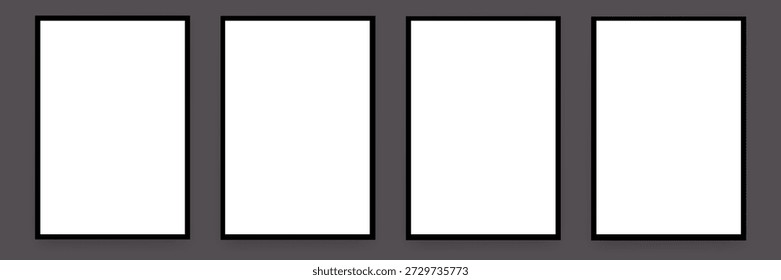 Set of 4 blank white poster mockups with black frames on dark grey background, realistic vertical frames for art and photography presentation. Vector blank poster collection