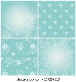 Set of 4 blue backgrounds with snowflakes. Vector illustration. 