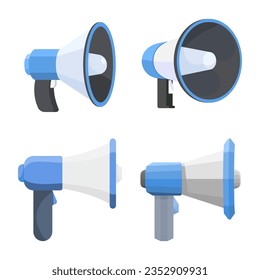Set 4 Blue Megaphone on isolated white background. Vector illustration cartoon flat design outline object.