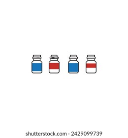 Set of 4 blue, red medication bottle icons - simplified vector illustration elements to use in web and product design, advertisement and more.