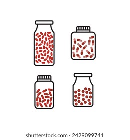 Set of 4 blue, red medication bottle with capsules icons - simplified vector illustration elements to use in web and product design, advertisement and more.