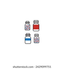 Set of 4 blue, red medication bottle with capsules icons - simplified vector illustration elements to use in web and product design, advertisement and more.