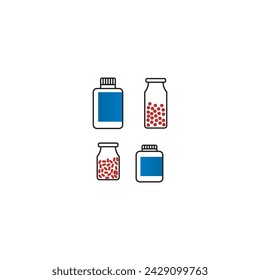 Conjunto de 4 azules, rojos botella de medicación con cápsulas iconos - elementos de ilustración vectorial simplificados para utilizar en el diseño web y de producto, publicidad y más.