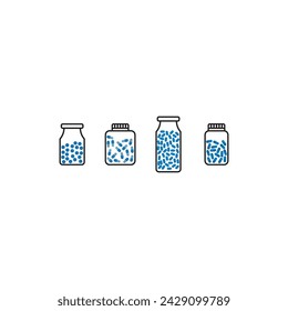 Set of 4 blue, red medication bottle with capsules icons - simplified vector illustration elements to use in web and product design, advertisement and more.
