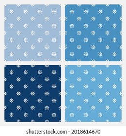 Set of 4 blue seamless patterns with ship wheels. Cute and childish design for fabric, textile, wallpaper, bedding, swaddles, toys or gender-neutral apparel. Sweet print for nursery decor or wall art.