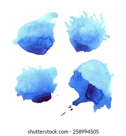 Set of 4 blue spots painted in watercolor. Vector template for your design.