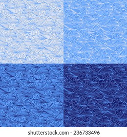 Set of 4 blue swirl seamless pattern.