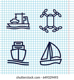 Set of 4 boat outline icons such as cargo ship, axle with propeller