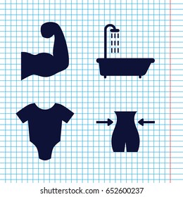 Set of 4 body filled icons such as shower, baby onesie, slim