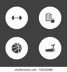 Set Of 4 Bodybuilding Icons Set.Collection Of B-Ball, Regime, Dumbbell And Other Elements.