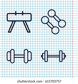 Set of 4 bodybuilding outline icons such as barbell, dumbbell