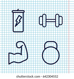 Set of 4 bodybuilding outline icons such as barbell, kettle, muscular arm