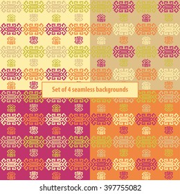 Set of 4 boho ethnic seamless patterns. Print. Repeating background. Cloth design, wallpaper.