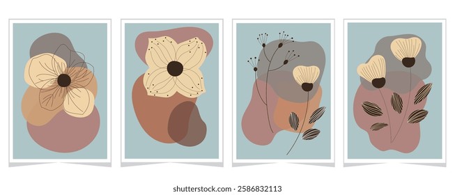 Set of 4 boho floral prints with abstract shapes and earthy tones. Perfect for modern home decor and design