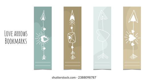 Set of 4 bookmarks in pastel colors  and decorative hand draw elements. Lights colors. Line doodle arrows with hearts. Rectangular bookmark templates for reading. Isolated on white background.	