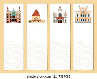 Conjunto de 4 marcadores con sinagogas de Praga, República Checa. Jubilee (Jubilejní synagoga), Old New (Staronová synagoga), Maisel (Maiselova synagoga), Español (Španělská)