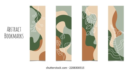 Set of 4 bookmarks templates in beige and green color palette. Abstract waves with floral elements. Classical rectangular bookmarks. Flat illustration. Isolated on white background.