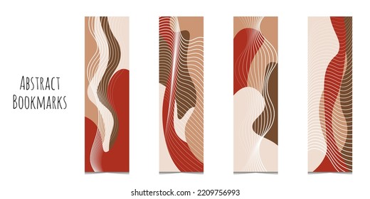Set of 4 bookmarks templates in beige and red color palette. Abstract waves with lines elements. Classical rectangular bookmarks. Abstract illustration. Isolated on white background.