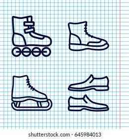 Set of 4 boot outline icons such as man shoe, boot, roller skate