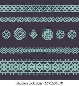Set of 4 border and 6 decorative elemens, workpiece for your design. Ornamental elements and motifs. Decor for plate, tile, textile and print design. Circle, square design element. Vector.
