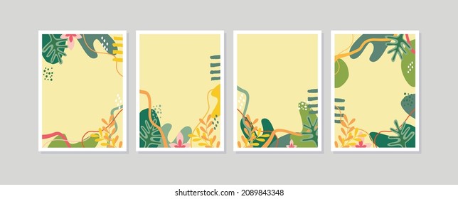 Set von 4 botanischen Wand-Poster mit Blättern und Blumen. Blumenwall Art Poster. Vectorlayout dekorative Grußkarte oder Einladung Design Hintergrund. 