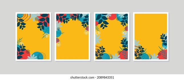 Set of 4 botanic wall art poster with leaves and flowers. Floral wall art poster. Vector layout decorative greeting card or invitation design background. 