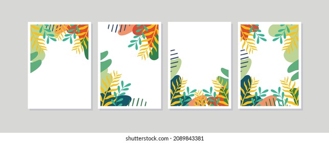 Conjunto de 4 afiches de arte botánico con hojas y flores. Afiche de arte floral en la pared. Diseño de vectores tarjeta de bienvenida decorativa o fondo de diseño de invitación. 