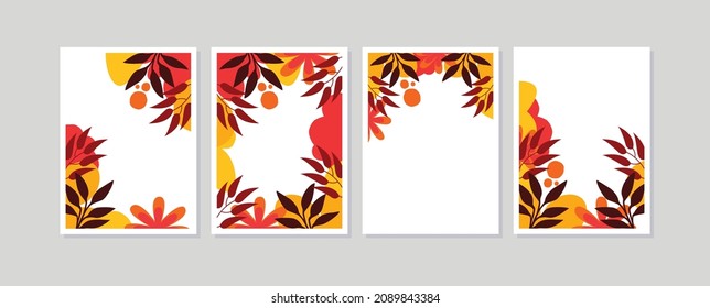 Conjunto de 4 afiches de arte botánico con hojas y flores. Afiche de arte floral en la pared. Diseño de vectores tarjeta de bienvenida decorativa o fondo de diseño de invitación. 