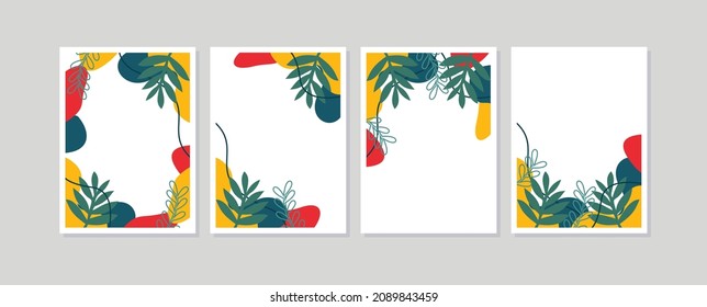 Set of 4 botanic wall art poster with leaves and flowers. Floral wall art poster. Vector layout decorative greeting card or invitation design background. 