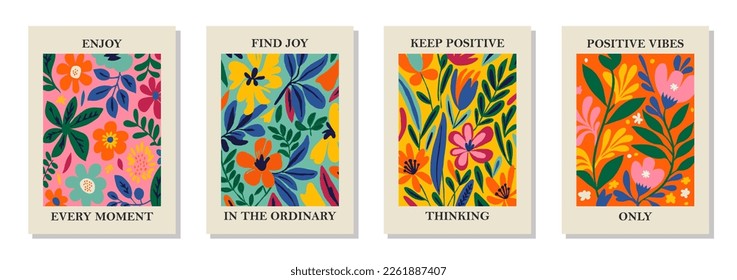 Set of 4 botanical Matisse inspired wall art posters, brochure, flyer templates, contemporary collage. Organic shapes, line floral pattern with positive motivational, inspirational quotes. svg